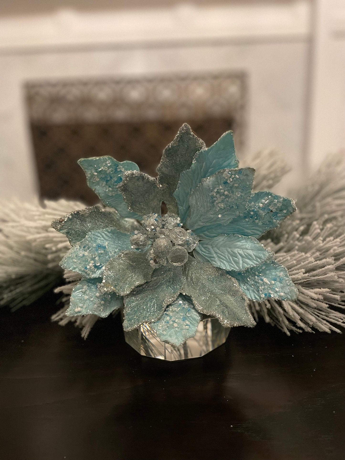 18" Heavy jeweled poinsettia stem. Aqua