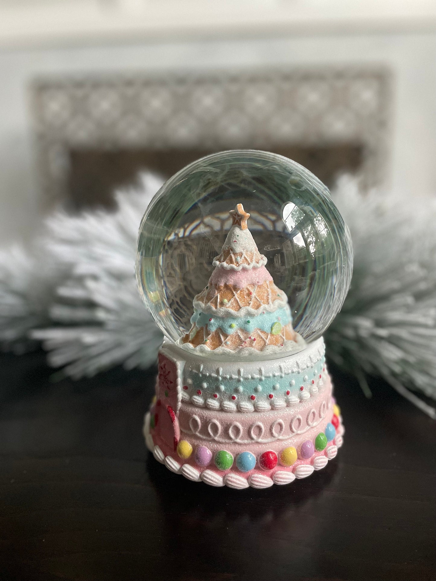 8” Musical gingerbread Christmas tree water globe. Pastel colors. Beautiful!