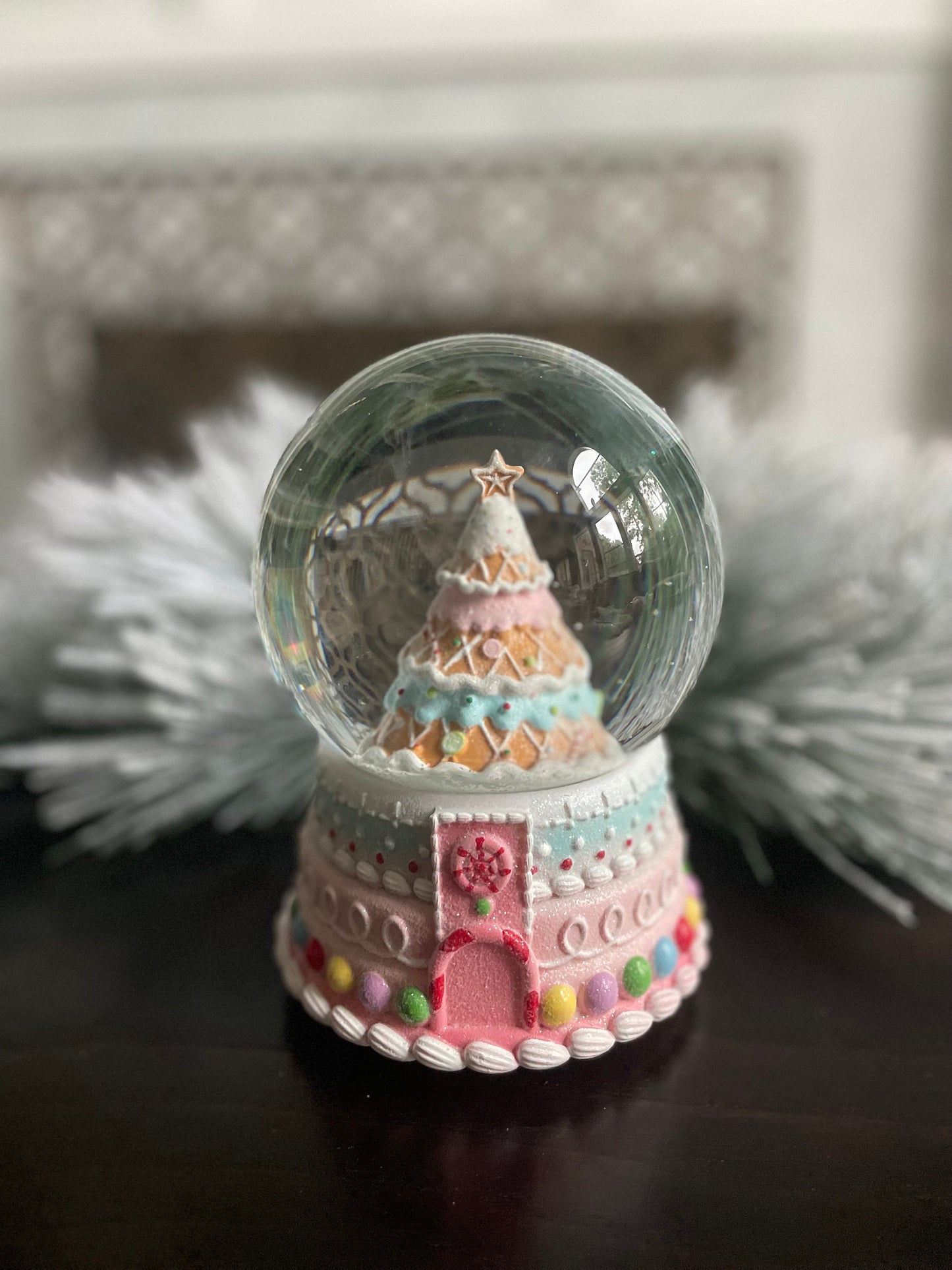 8” Musical gingerbread Christmas tree water globe. Pastel colors. Beautiful!