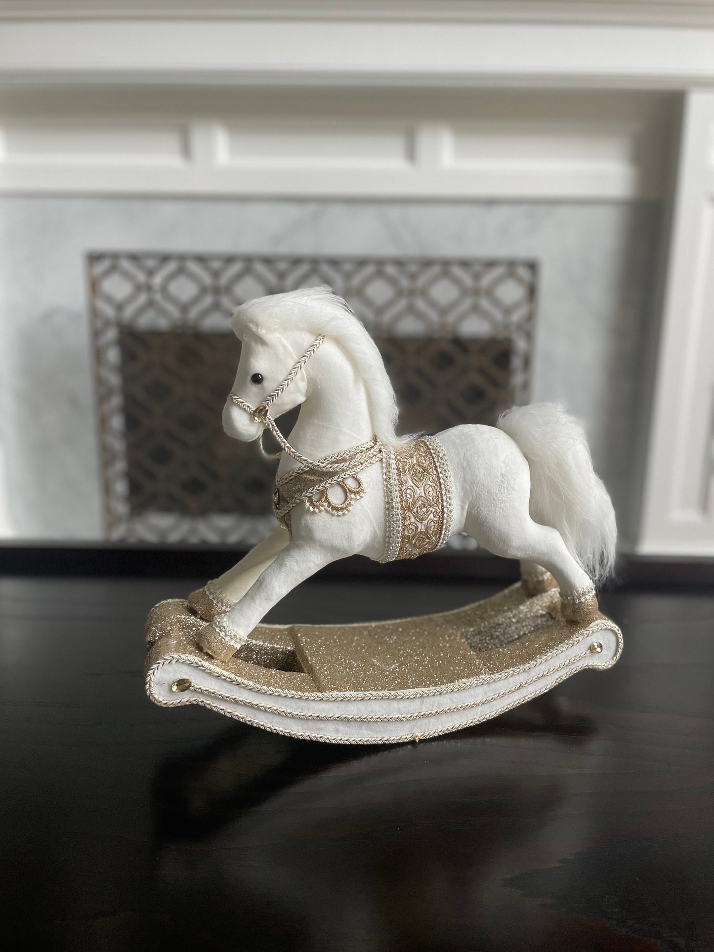 12”H x 15” L x 5” W. White Jeweled Rocking horse. Mark Roberts.