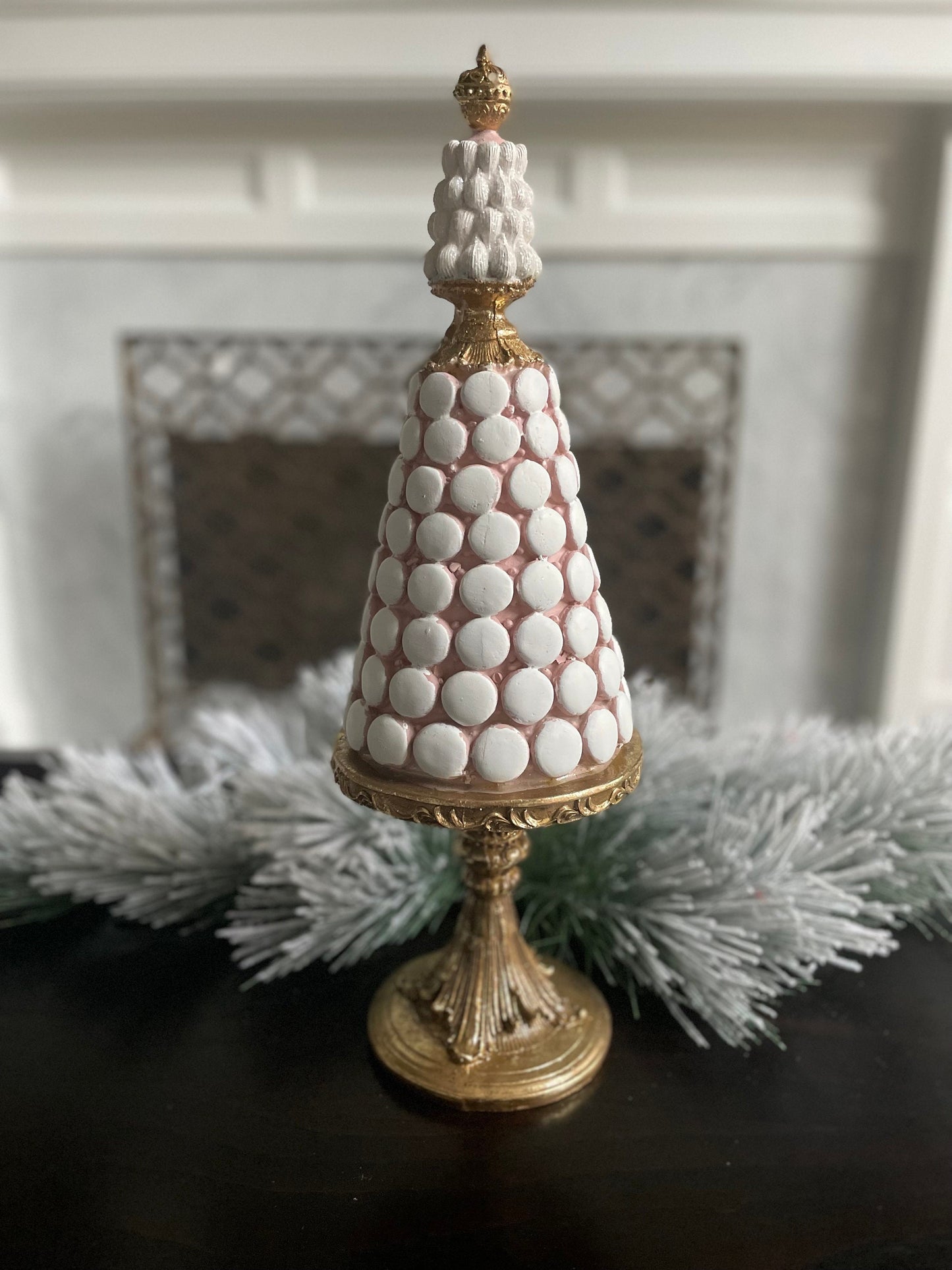 21”H x 7”W Macaroon tree. Christmas tree. Pink, white and gold.