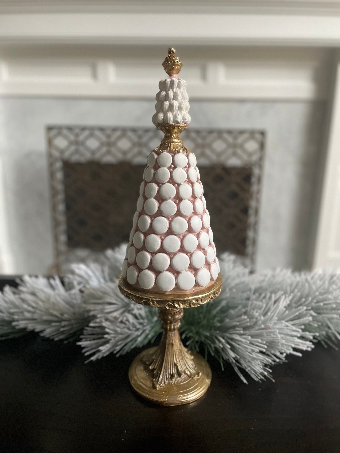 21”H x 7”W Macaroon tree. Christmas tree. Pink, white and gold.