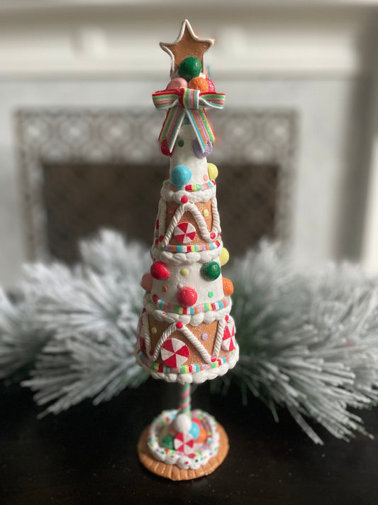 14.5”H x 3.5” W. Claydough gingerbread candy tree. Christmas. Multi color.