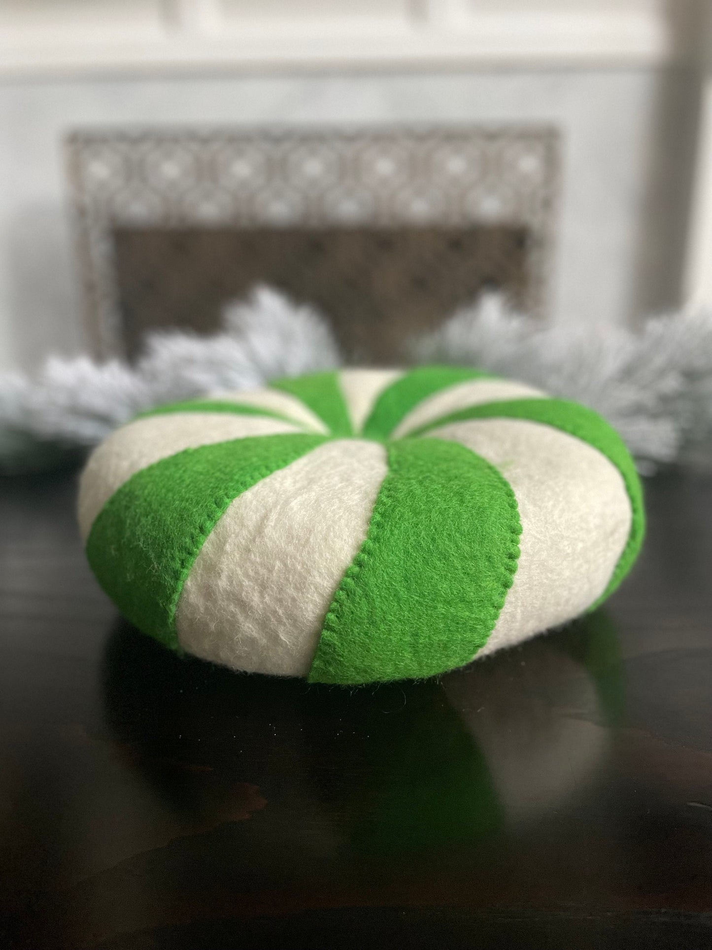 13" Peppermint candy ornament or pillow. Green and white.