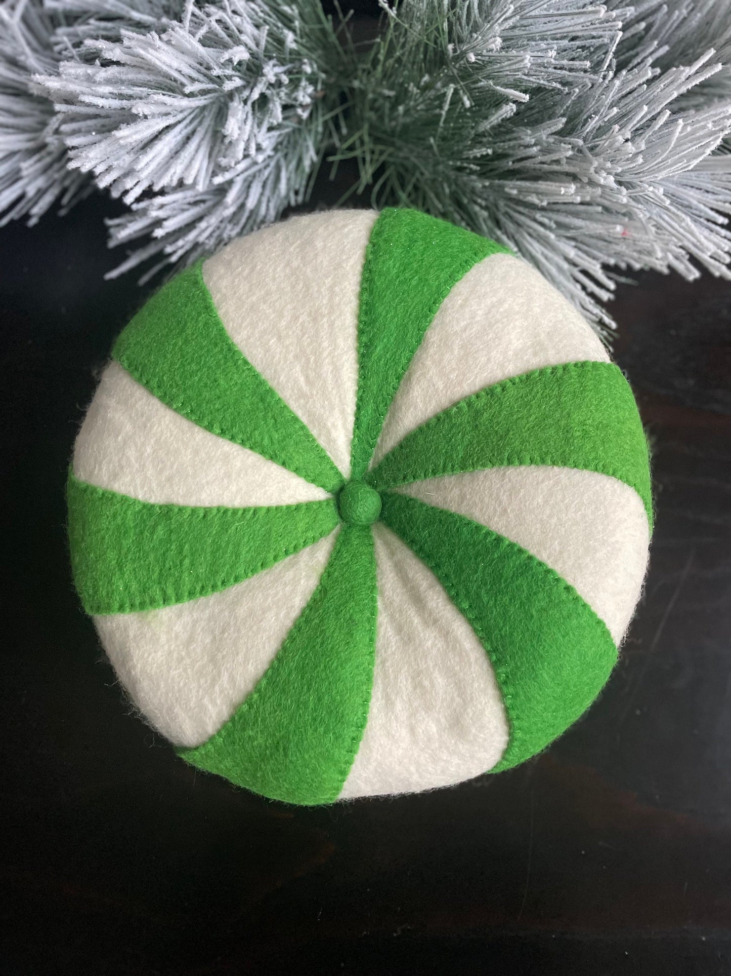 13" Peppermint candy ornament or pillow. Green and white.