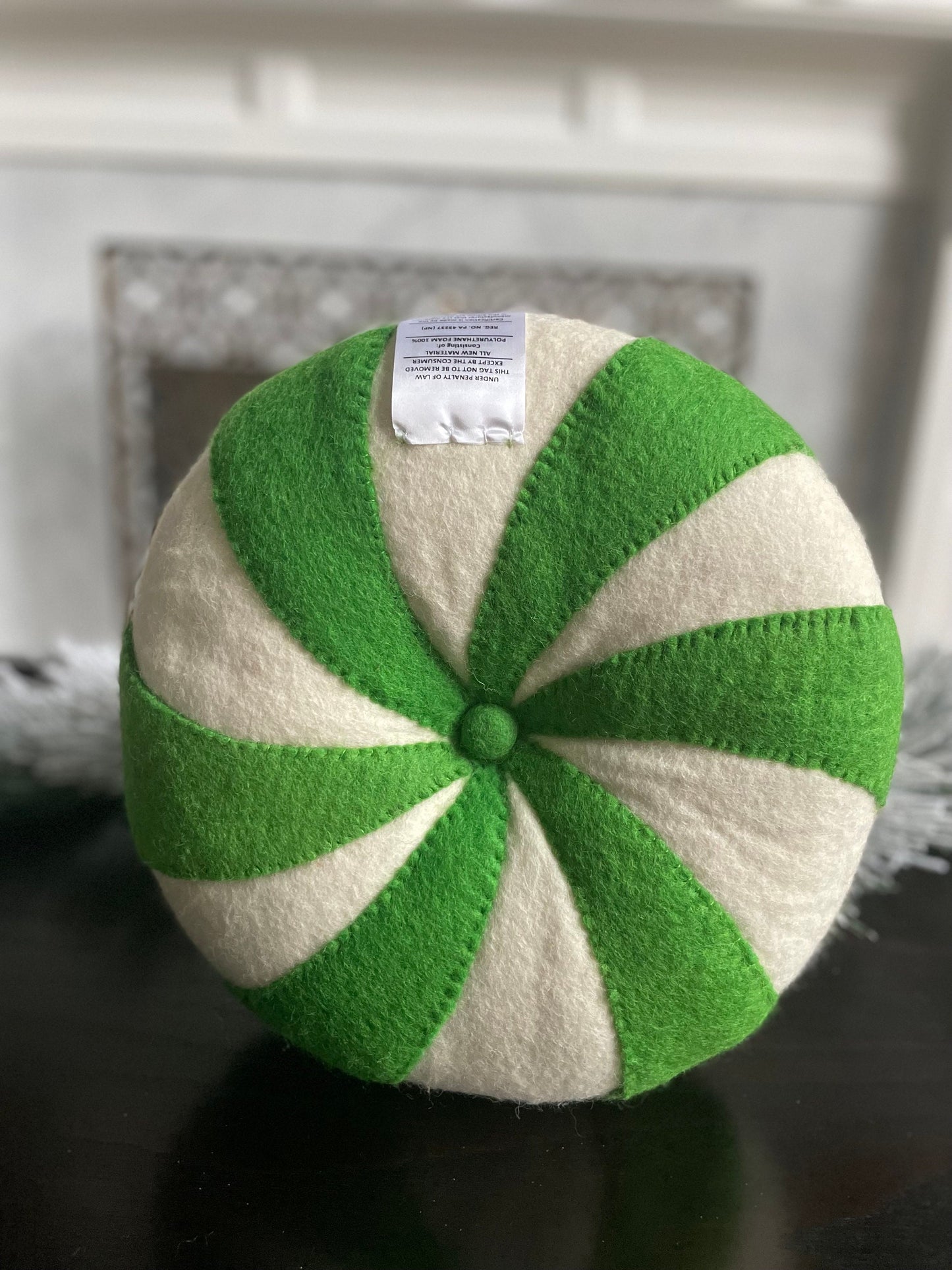 13" Peppermint candy ornament or pillow. Green and white.