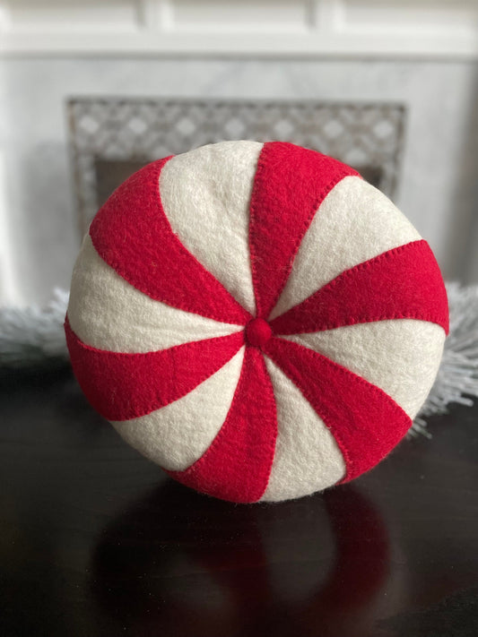 13" Peppermint candy ornament or pillow. Red and white.