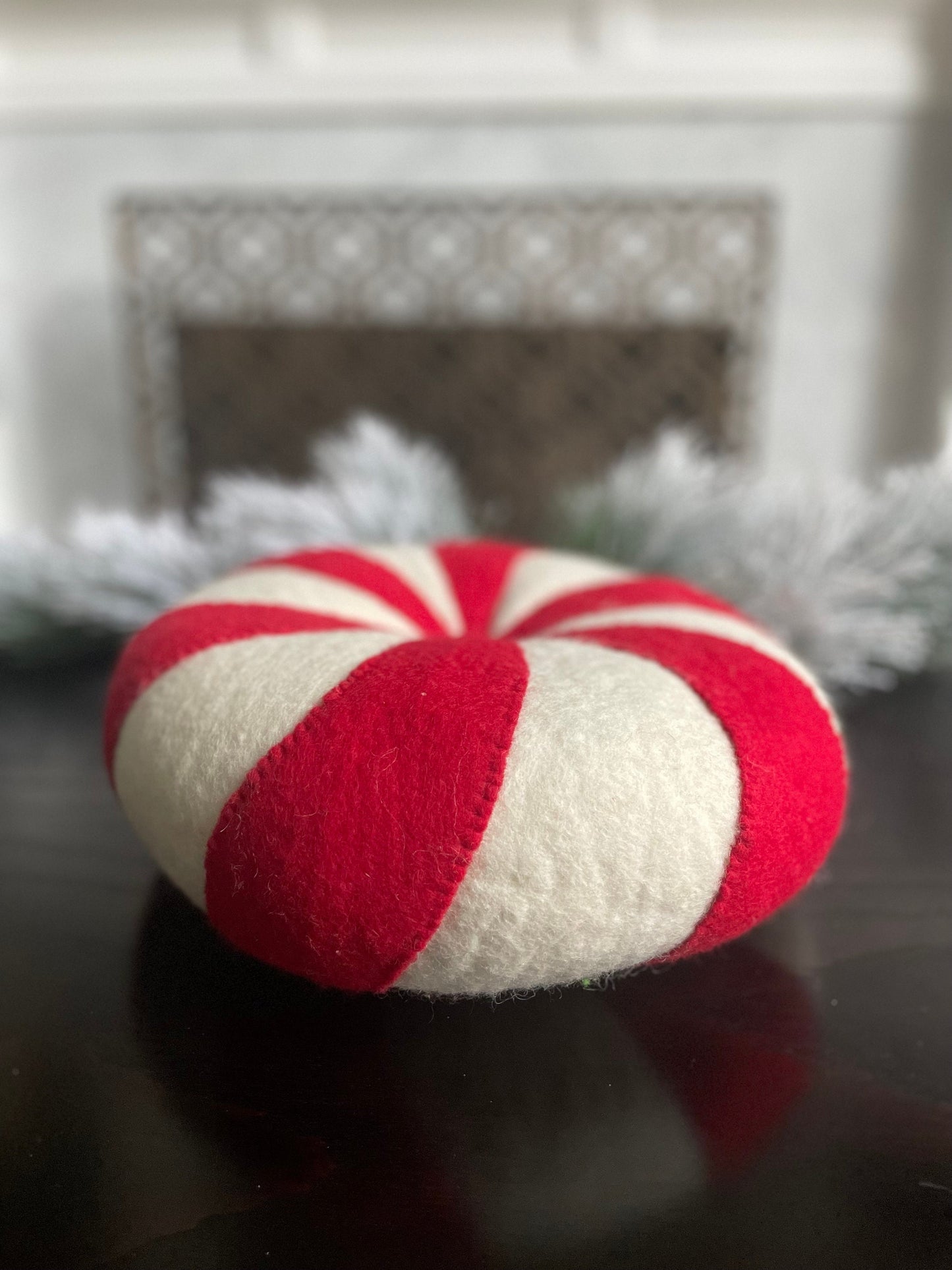 13" Peppermint candy ornament or pillow. Red and white.