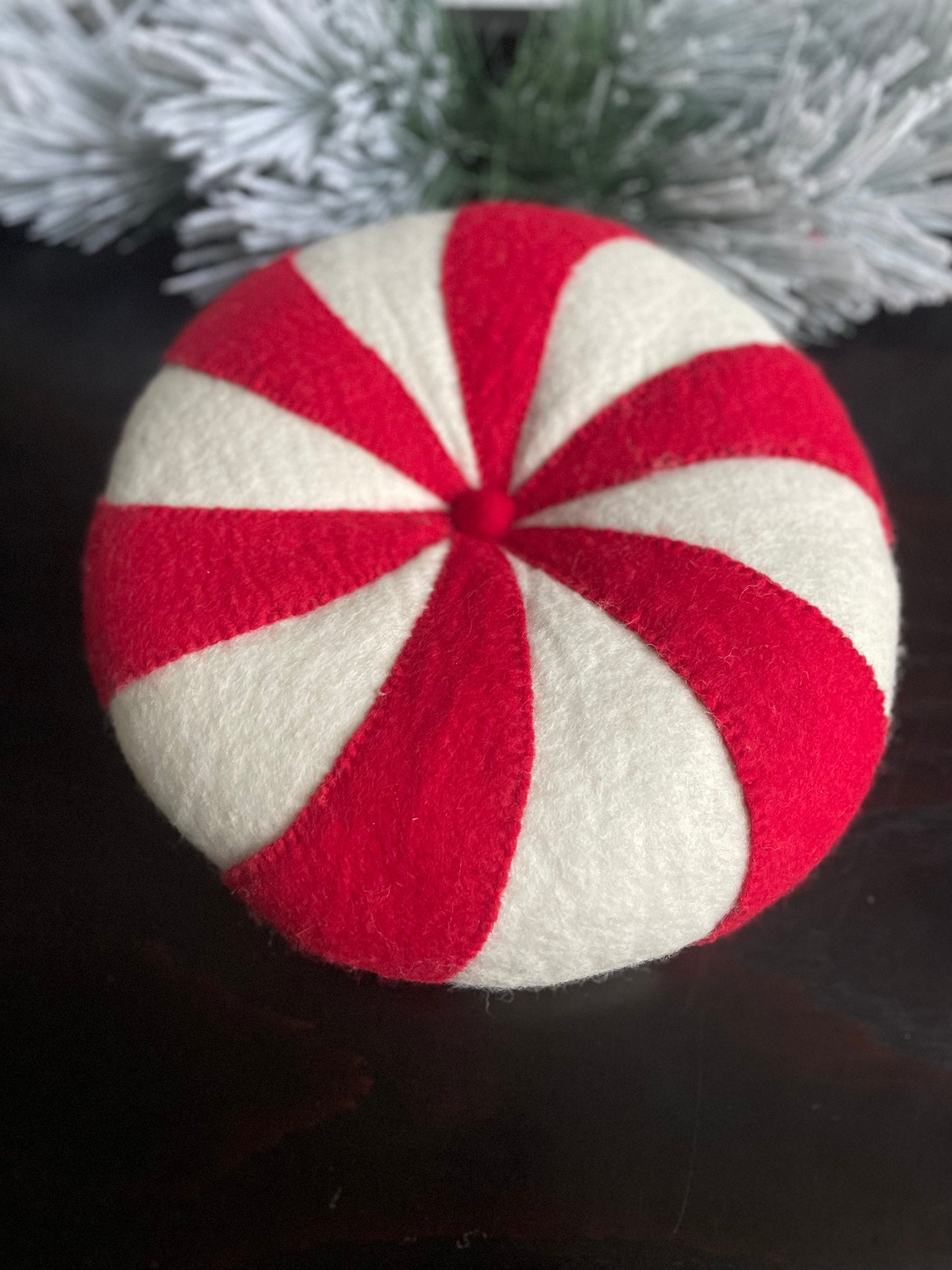 13" Peppermint candy ornament or pillow. Red and white.