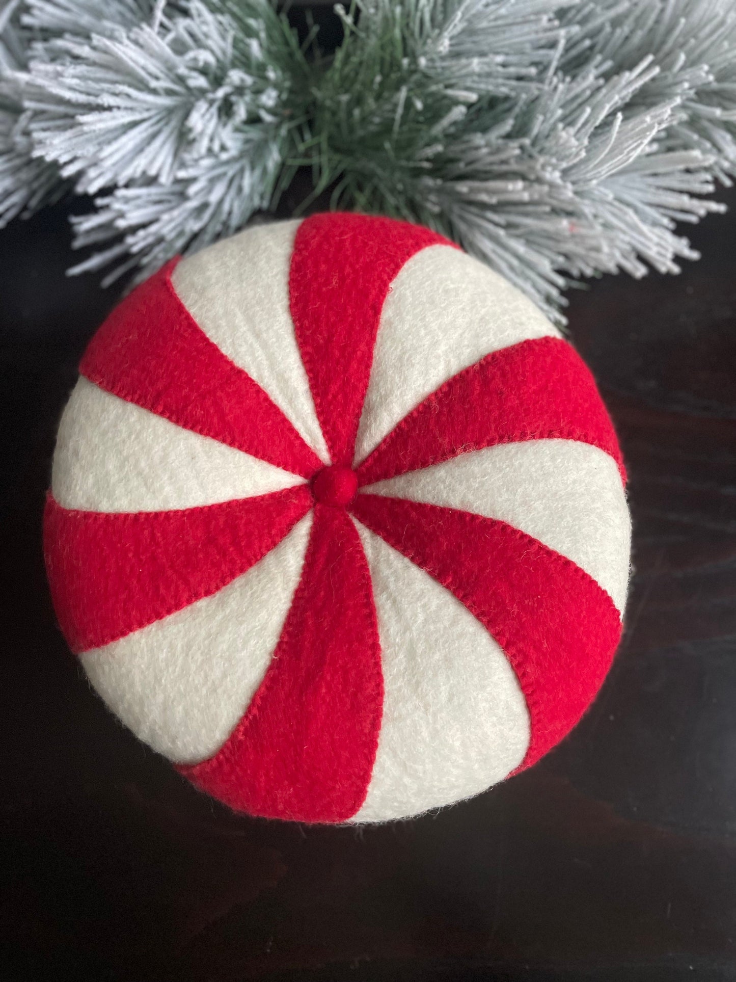 13" Peppermint candy ornament or pillow. Red and white.