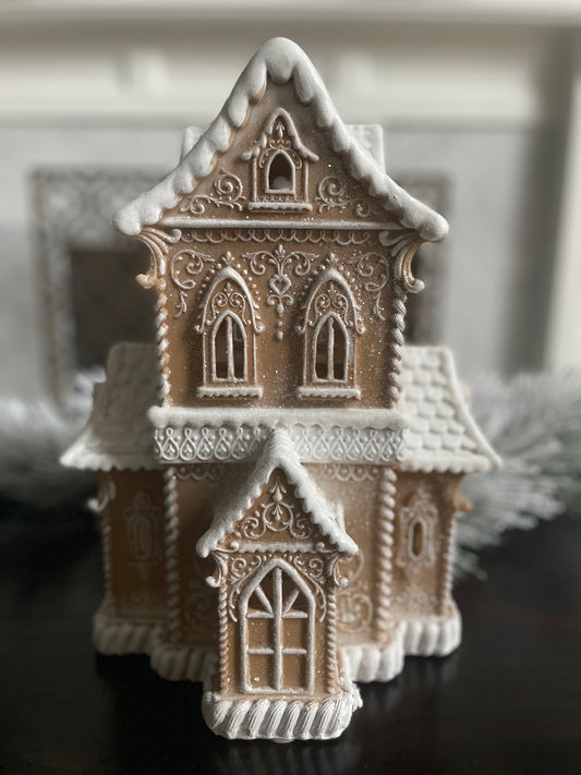14”H X 9.5”W X 8” D. Gingerbread lighted house.