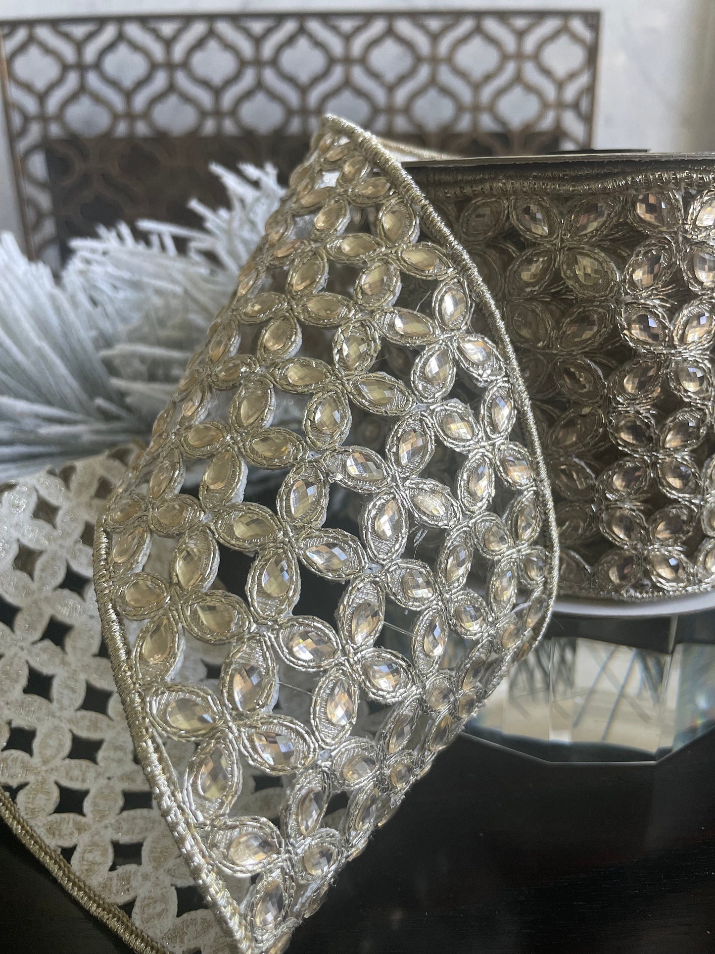 4"x 5 yds. jeweled platinum Christmas flowers wired ribbon. Farrisilk.