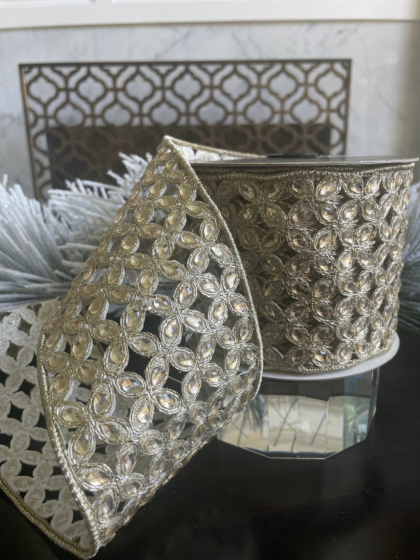 4"x 5 yds. jeweled platinum Christmas flowers wired ribbon. Farrisilk.