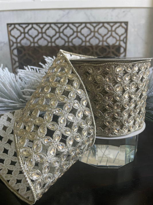 4"x 5 yds. jeweled platinum Christmas flowers wired ribbon. Farrisilk.