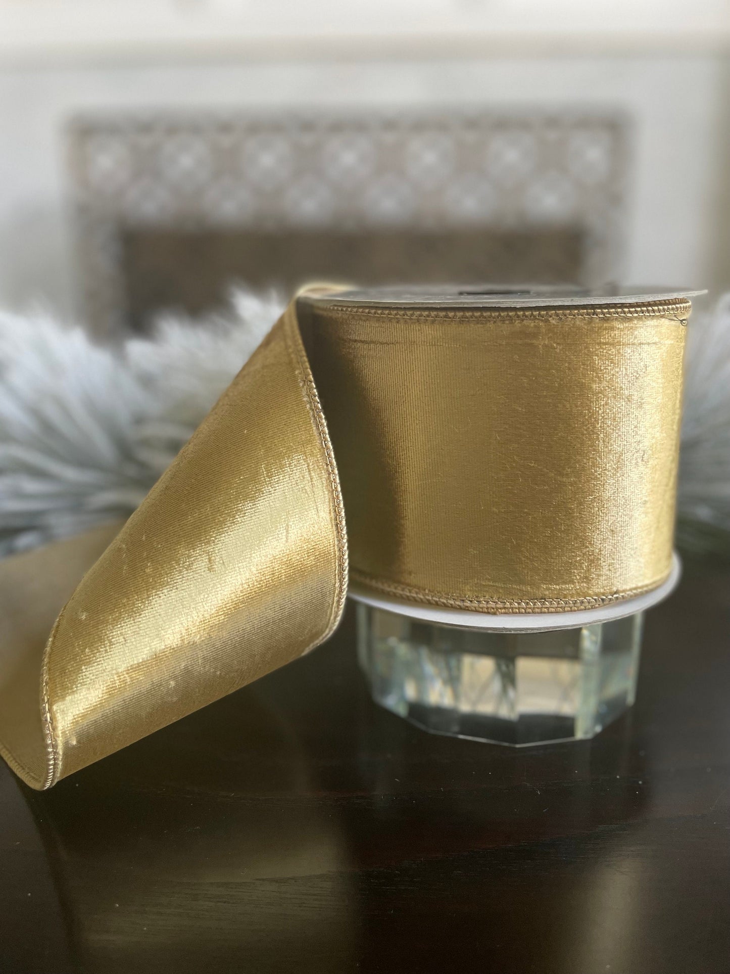 4"x 10 yds. Velvet gold wired ribbon. Farrisilk.