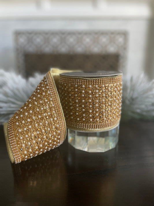 4"x 5 yrd. Pearl and diamonds wired ribbon. Gold. Farrisilk.