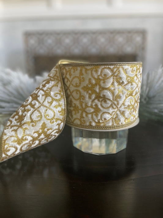4” x 10 yds. Mini acantus gold and ivory wired ribbon. Farrisilk.