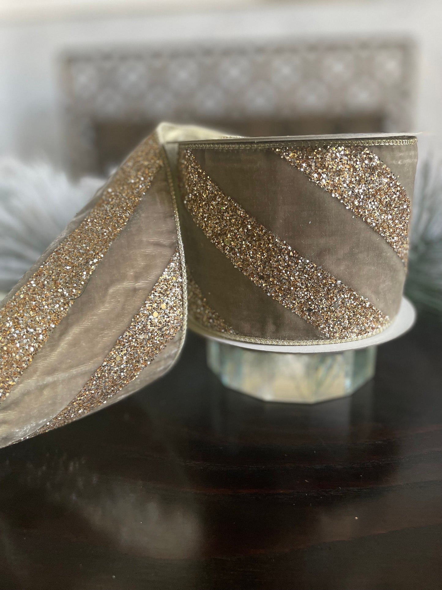 4” x 5 yds. Chunky stripes platinum glitter wired ribbon. Farrisilk.