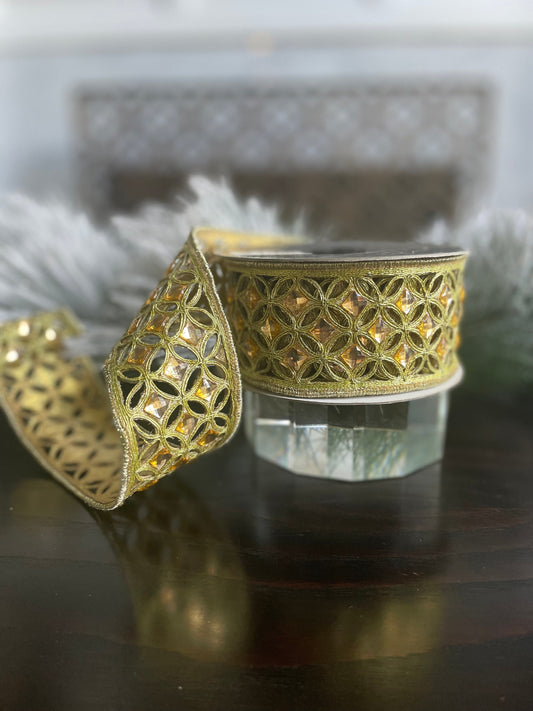 2” x 5 yds. Diamond lace gold wired ribbon. Farrisilk.