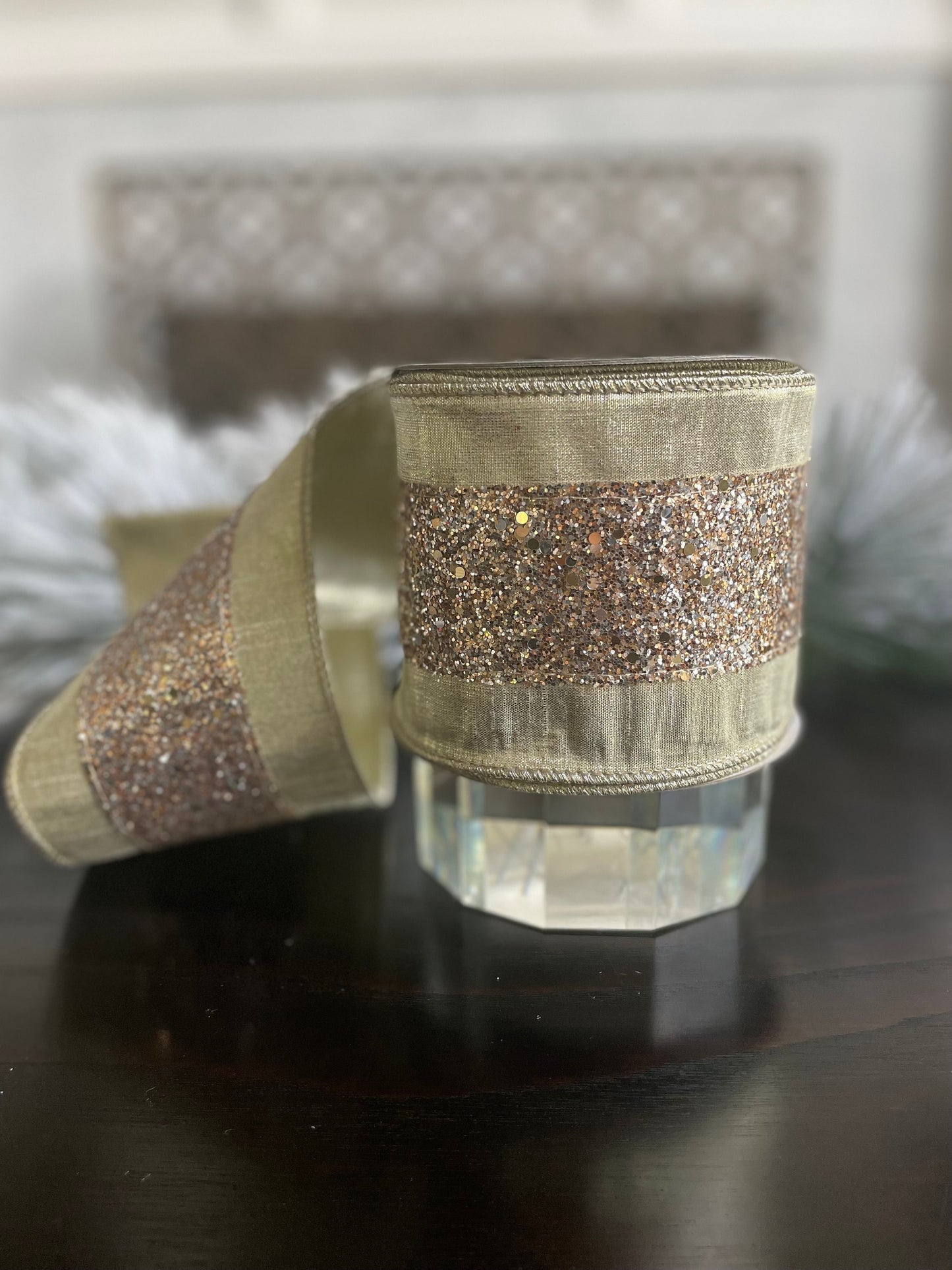 4” x 10 yds. Glitter trim platinum wired ribbon. Farrisilk.