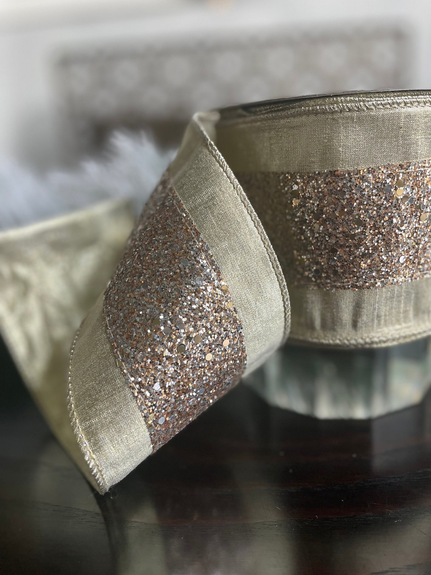 4” x 10 yds. Glitter trim platinum wired ribbon. Farrisilk.
