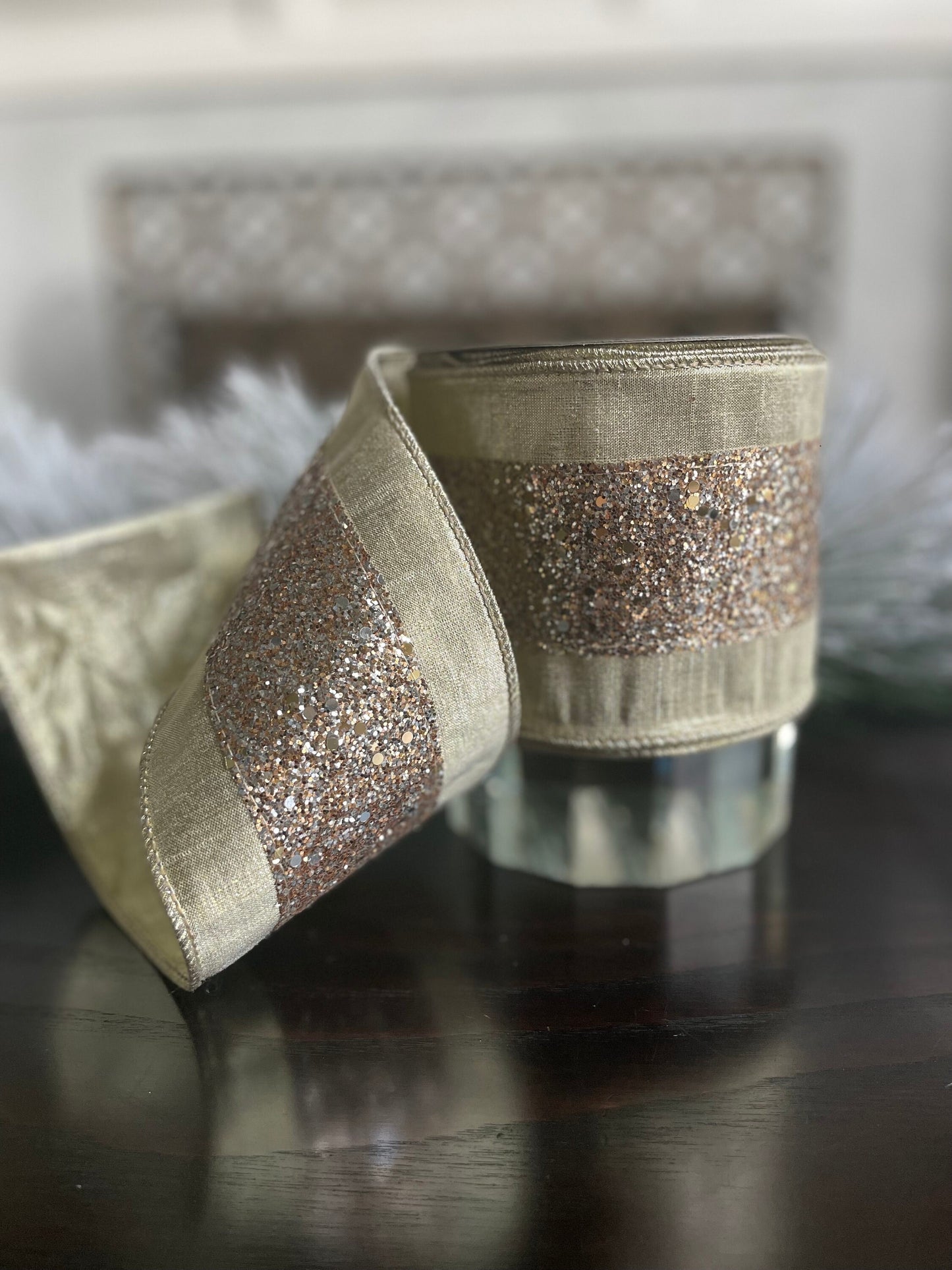 4” x 10 yds. Glitter trim platinum wired ribbon. Farrisilk.