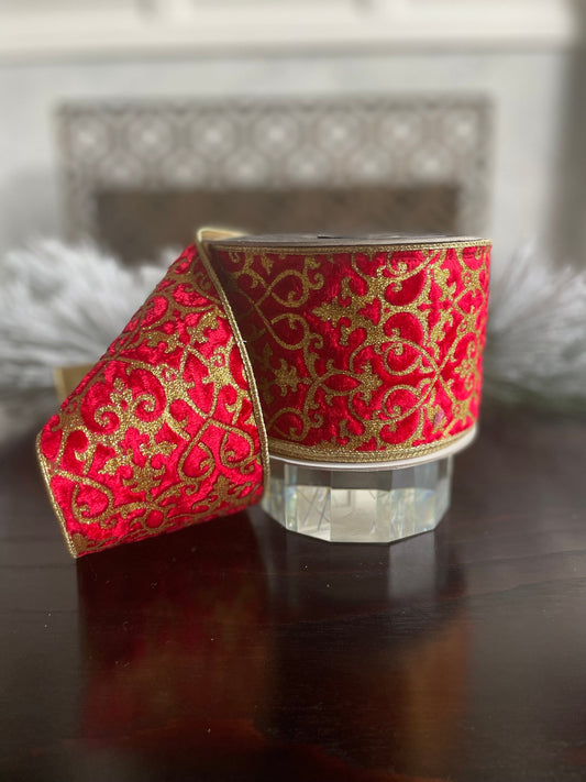 4” x 10 yds. Mini acantus gold and red wired ribbon. Farrisilk.
