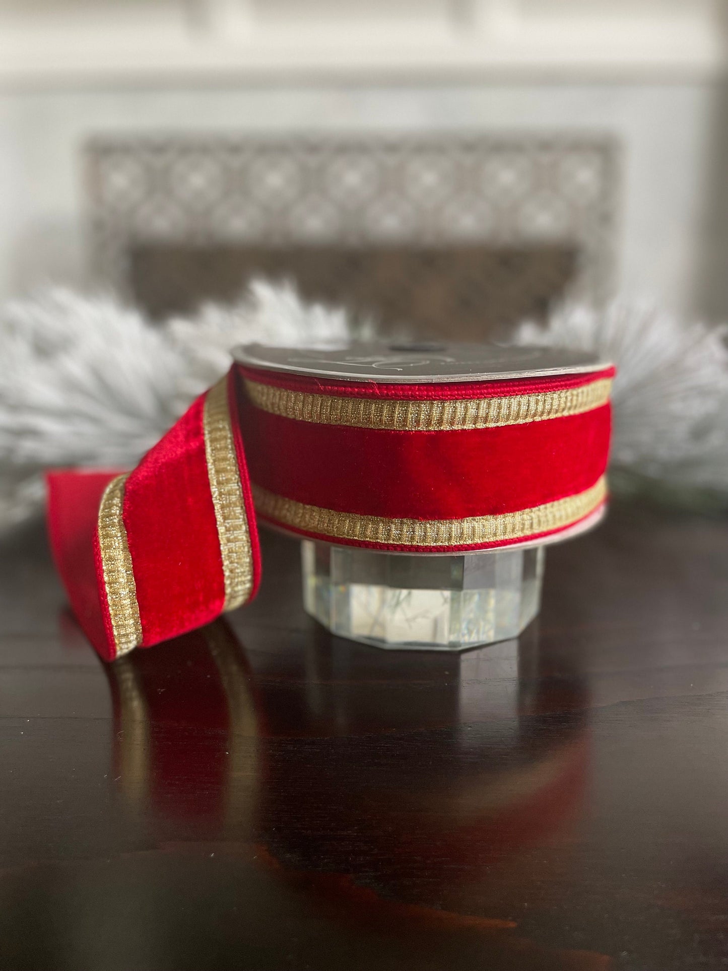 2.5” x 10 yds. Designer pleated borders velvet red and gold ribbon. Wired. Farrisilk.