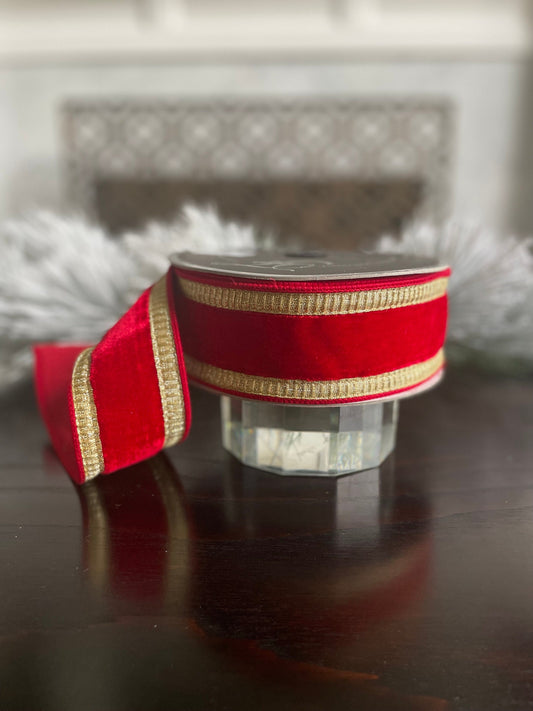 2.5” x 10 yds. Designer pleated borders velvet red and gold ribbon. Wired. Farrisilk.