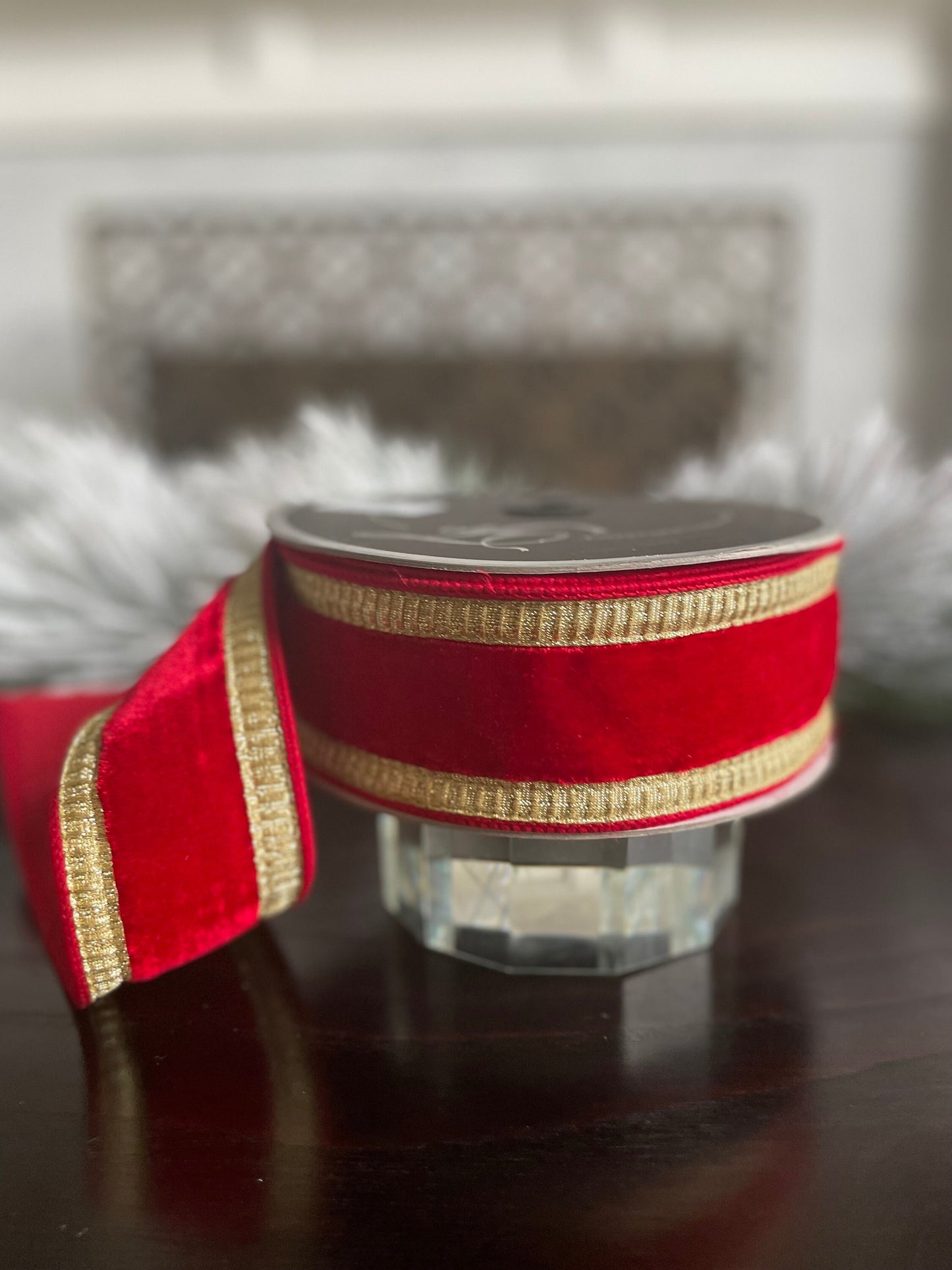 2.5” x 10 yds. Designer pleated borders velvet red and gold ribbon. Wired. Farrisilk.