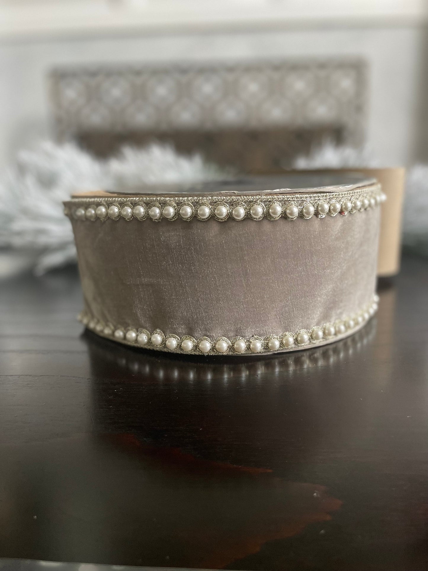 4” x 5 yds. Designer pearl borders platinum velvet wired ribbon.