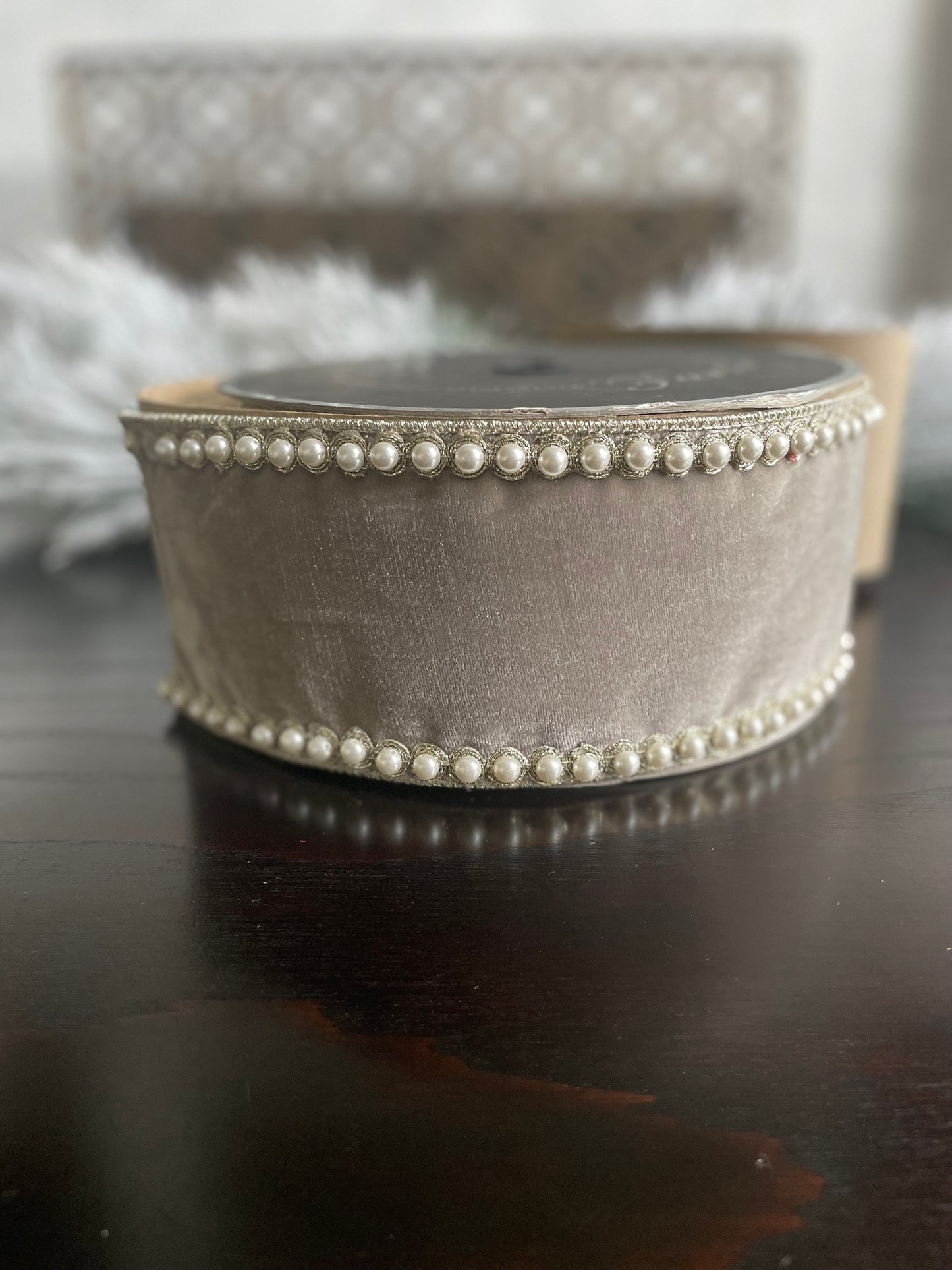 4” x 5 yds. Designer pearl borders platinum velvet wired ribbon.
