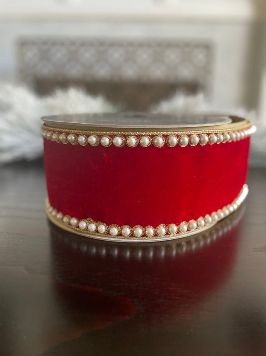 4” x 5 yds. Designer pearl borders red velvet wired ribbon.
