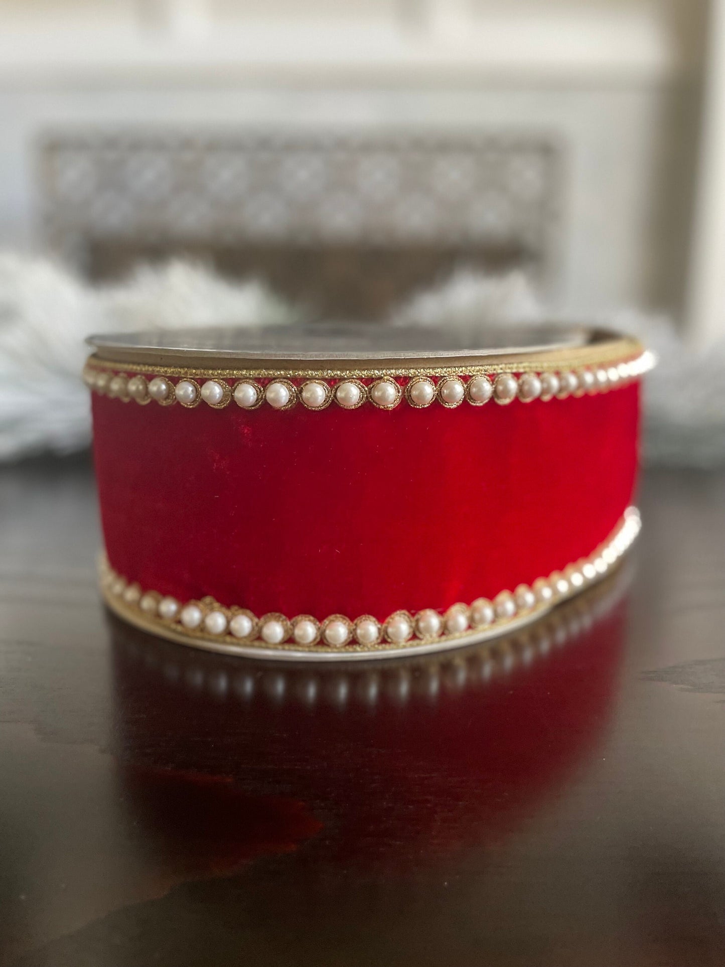 4” x 5 yds. Designer pearl borders red velvet wired ribbon.