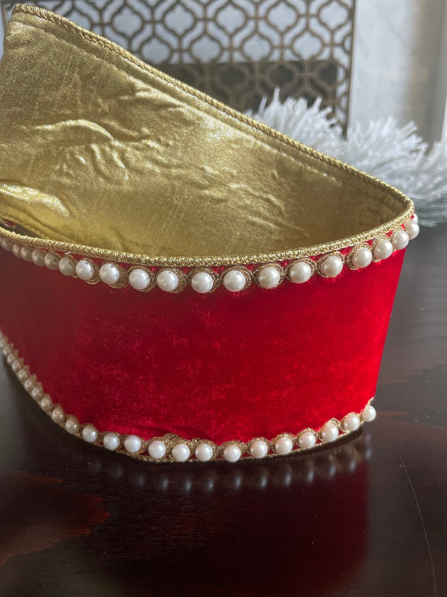 4” x 5 yds. Designer pearl borders red velvet wired ribbon.
