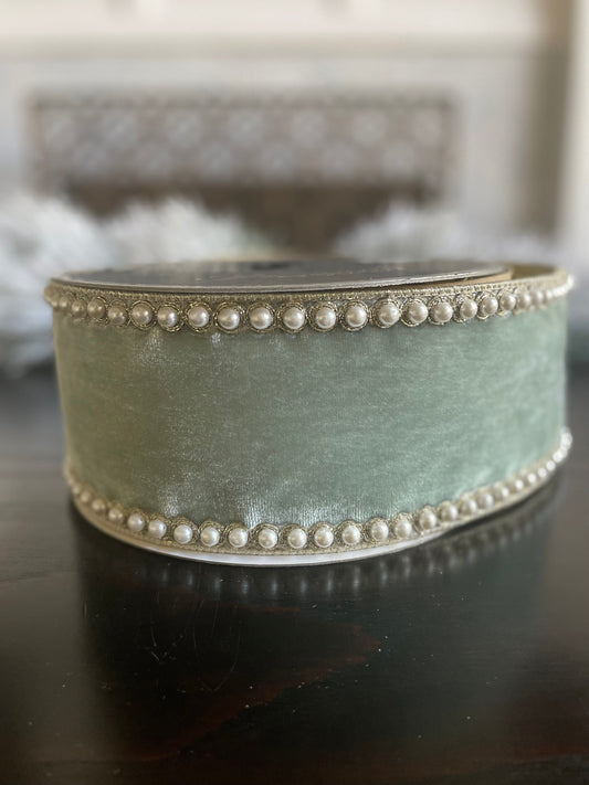 4” x 5 yds. Designer pearl borders light blue velvet wired ribbon.