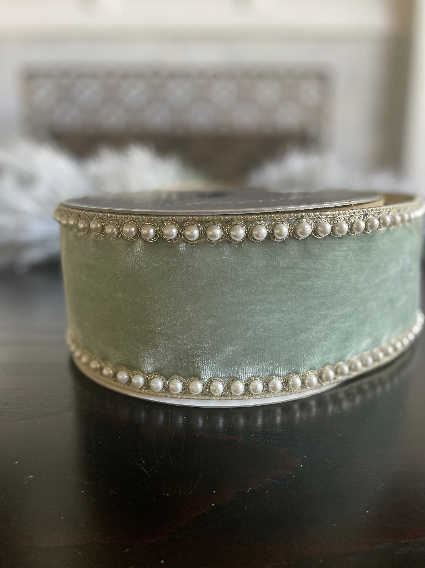 4” x 5 yds. Designer pearl borders light blue velvet wired ribbon.