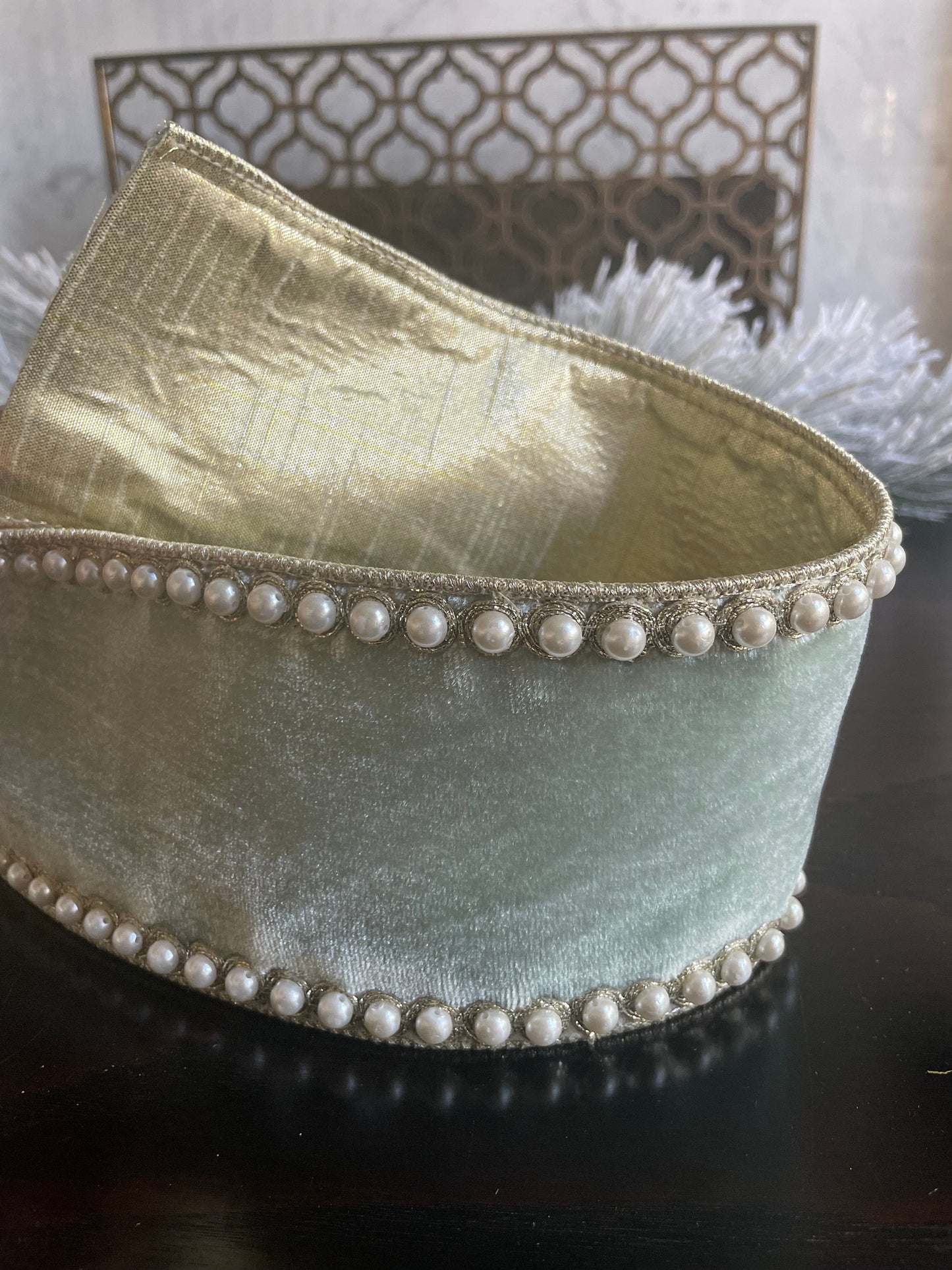 4” x 5 yds. Designer pearl borders light blue velvet wired ribbon.