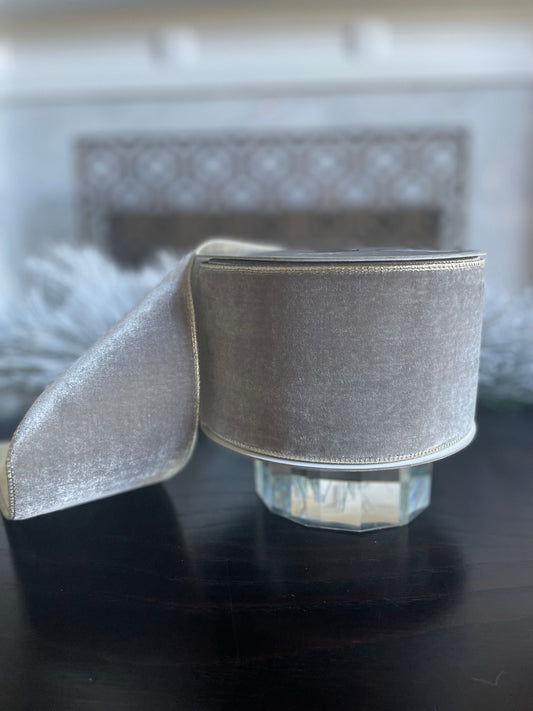 4” x 10 yds. Designer flashy velvet platinum ribbon. Wired. Farrisilk.
