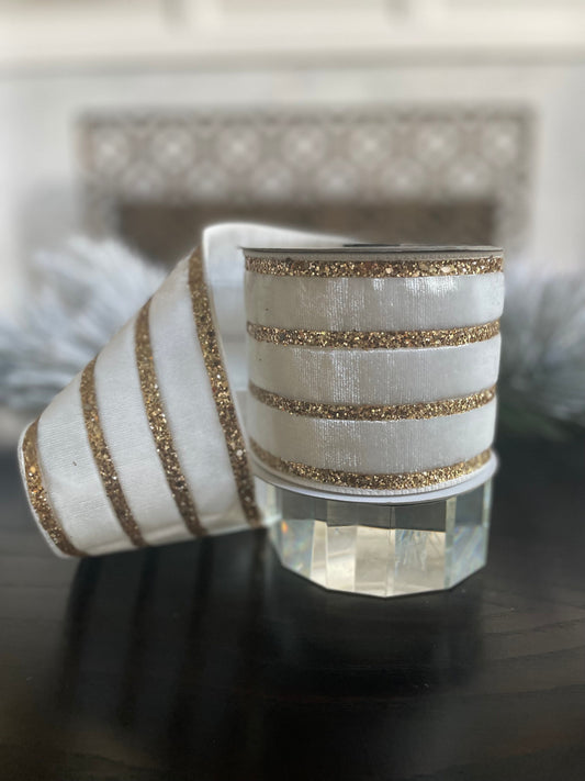 4” x 10 yds. Designer velvet glitter stripes ribbon. Wired. Farrisilk.
