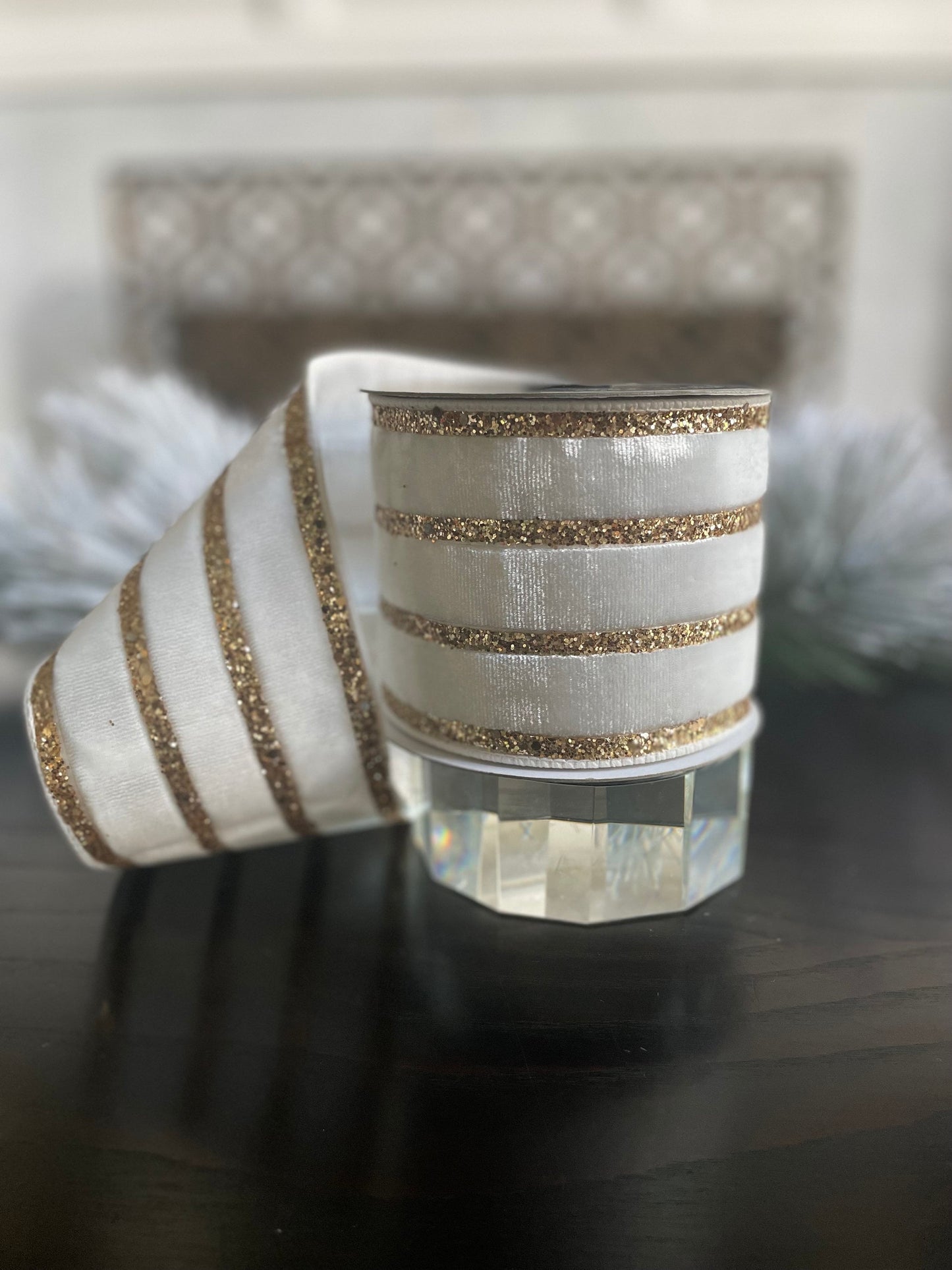 4” x 10 yds. Designer velvet glitter stripes ribbon. Wired. Farrisilk.