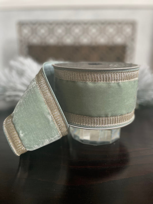 4” x 10 yds Designer pleated borders ribbon, light blue velvet ribbon with gold borders. Wired. Farrisilk.