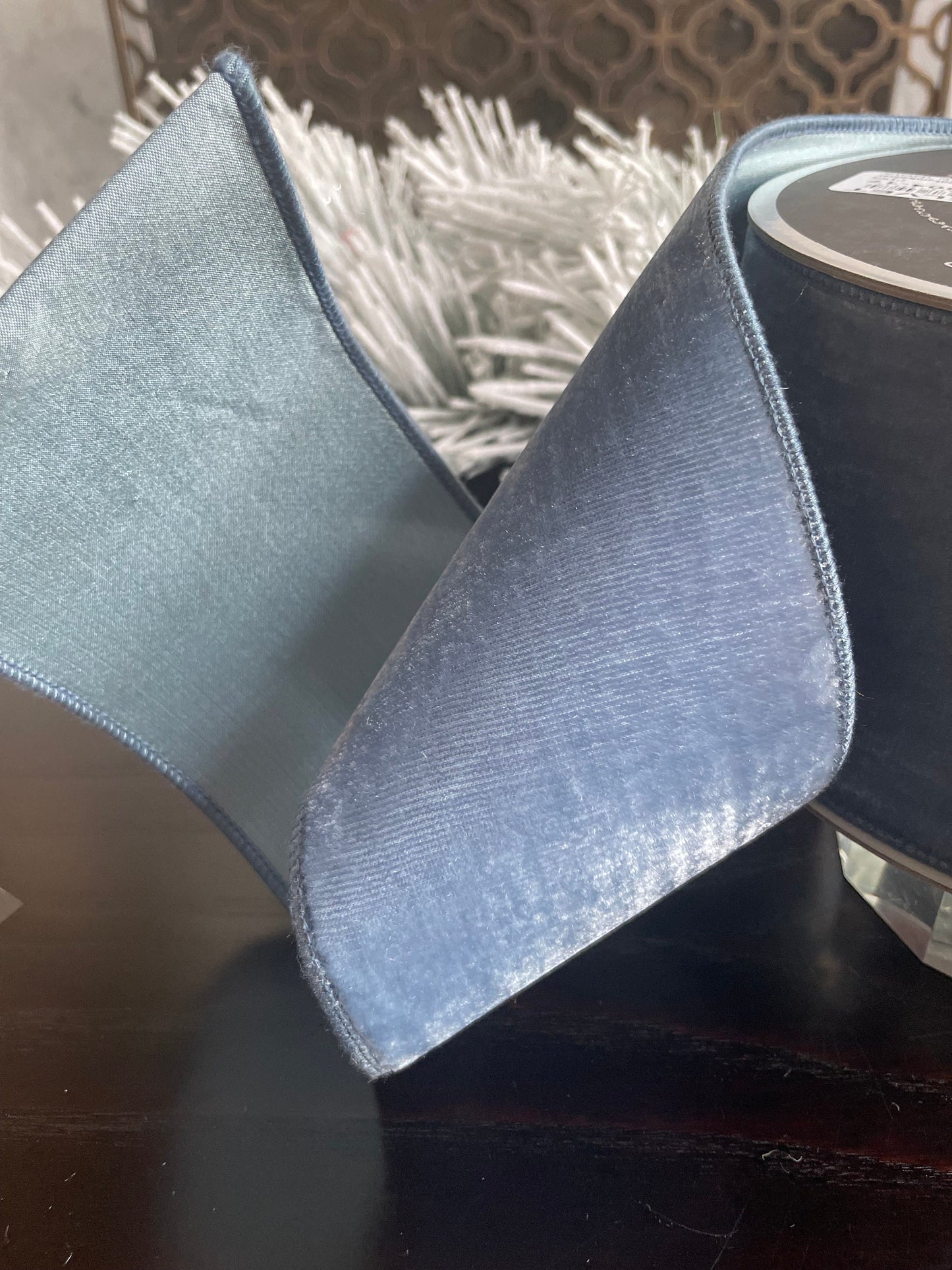 4” x 10 yds. Designer steel blue velvet ribbon. Wired. Farrisilk.
