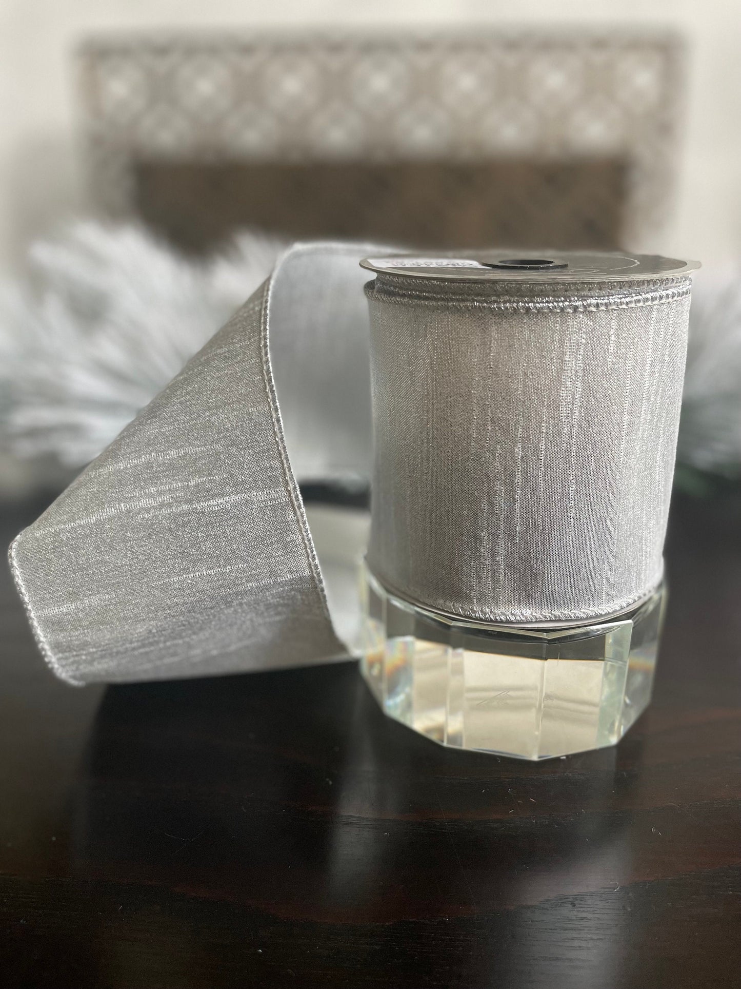 4” x 10 yds. Luster silver ribbon. Farrisilk. Wired.