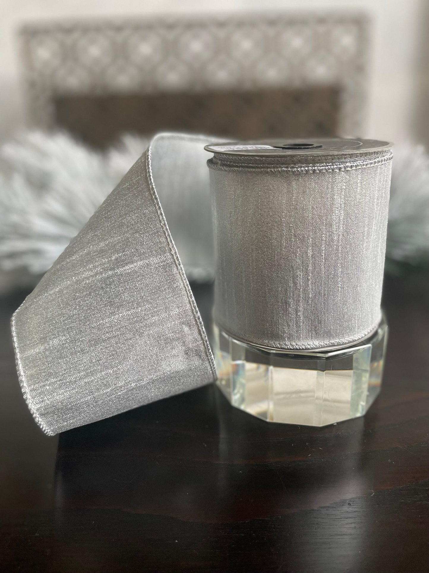 4” x 10 yds. Luster silver ribbon. Farrisilk. Wired.