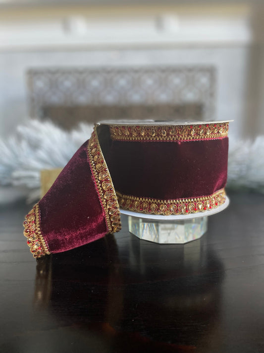 4” x 5 yds. Velvet King Edward burgundy. Jeweled. Wired. Farrisilk.*