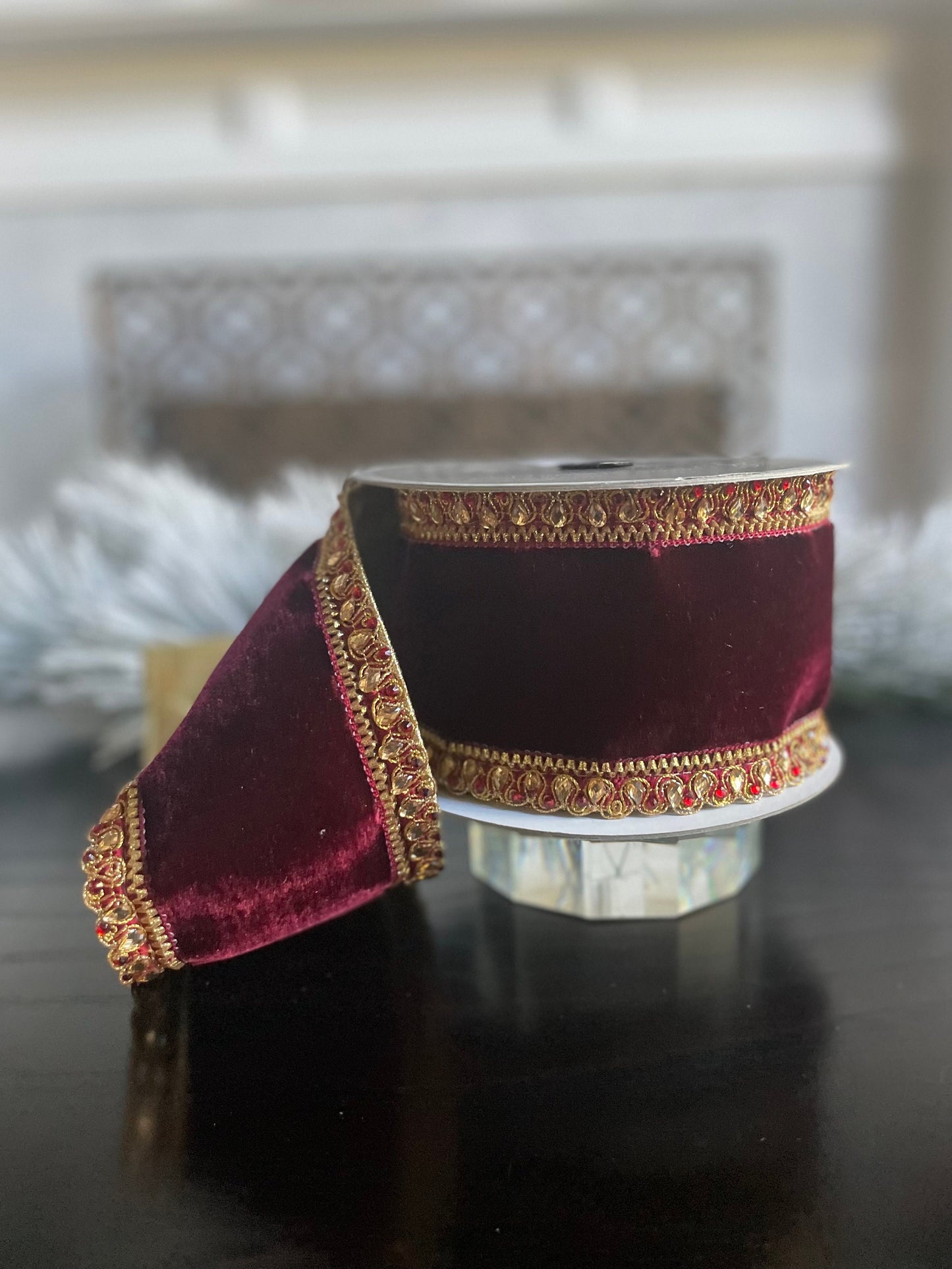 4” x 5 yds. Velvet King Edward burgundy. Jeweled. Wired. Farrisilk.*