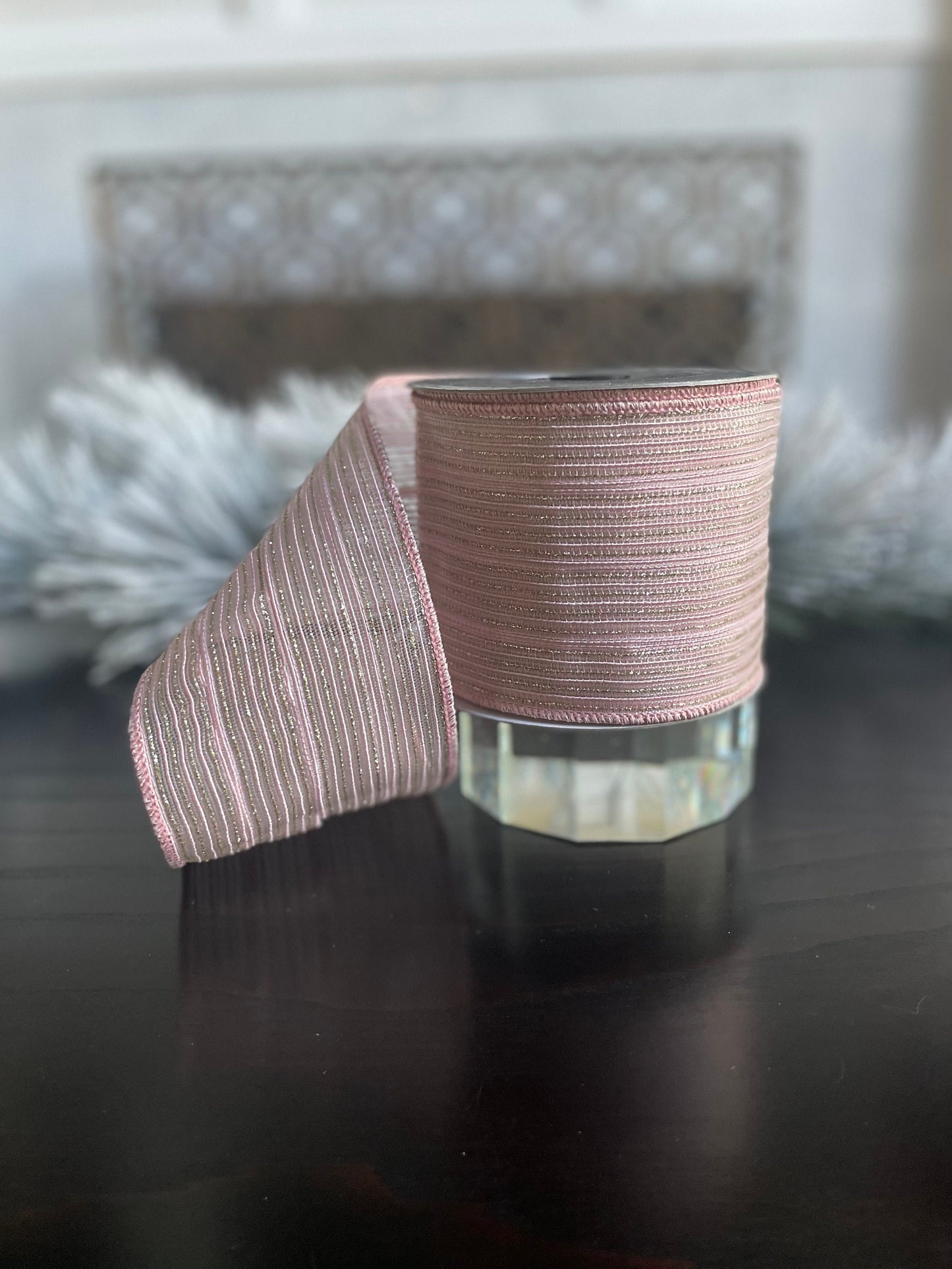 4"x 10 yds. Tinsel stripes baby pink and light gold. Farrisilk.
