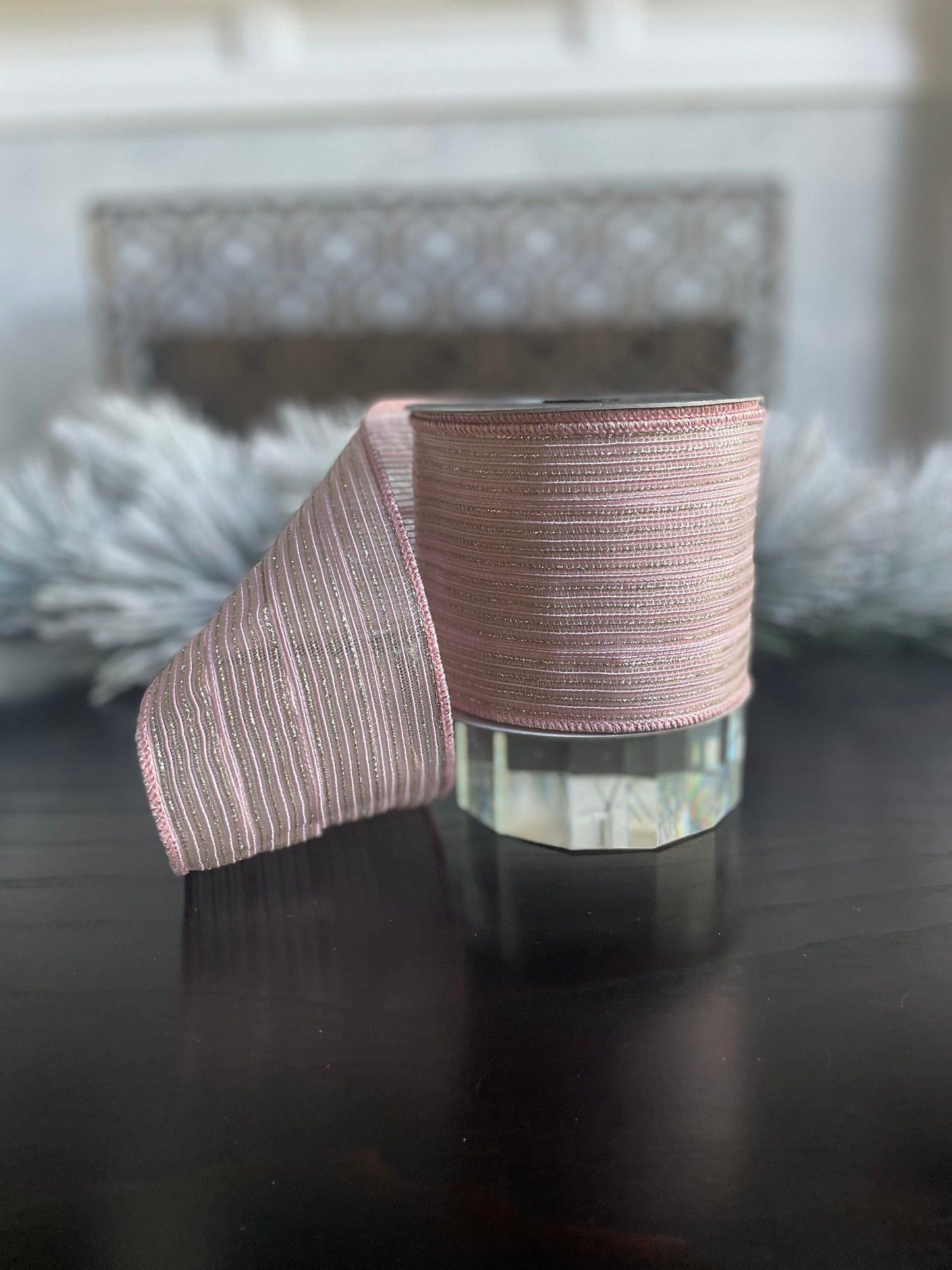 4"x 10 yds. Tinsel stripes baby pink and light gold. Farrisilk.