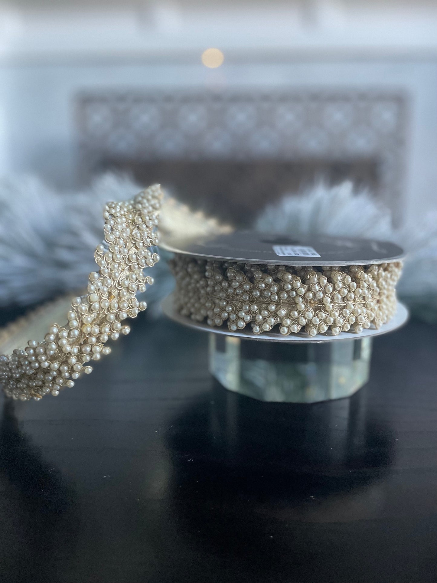 1.5” x 5 yds. Designer pearl vine wired ribbon. Farrisilk.